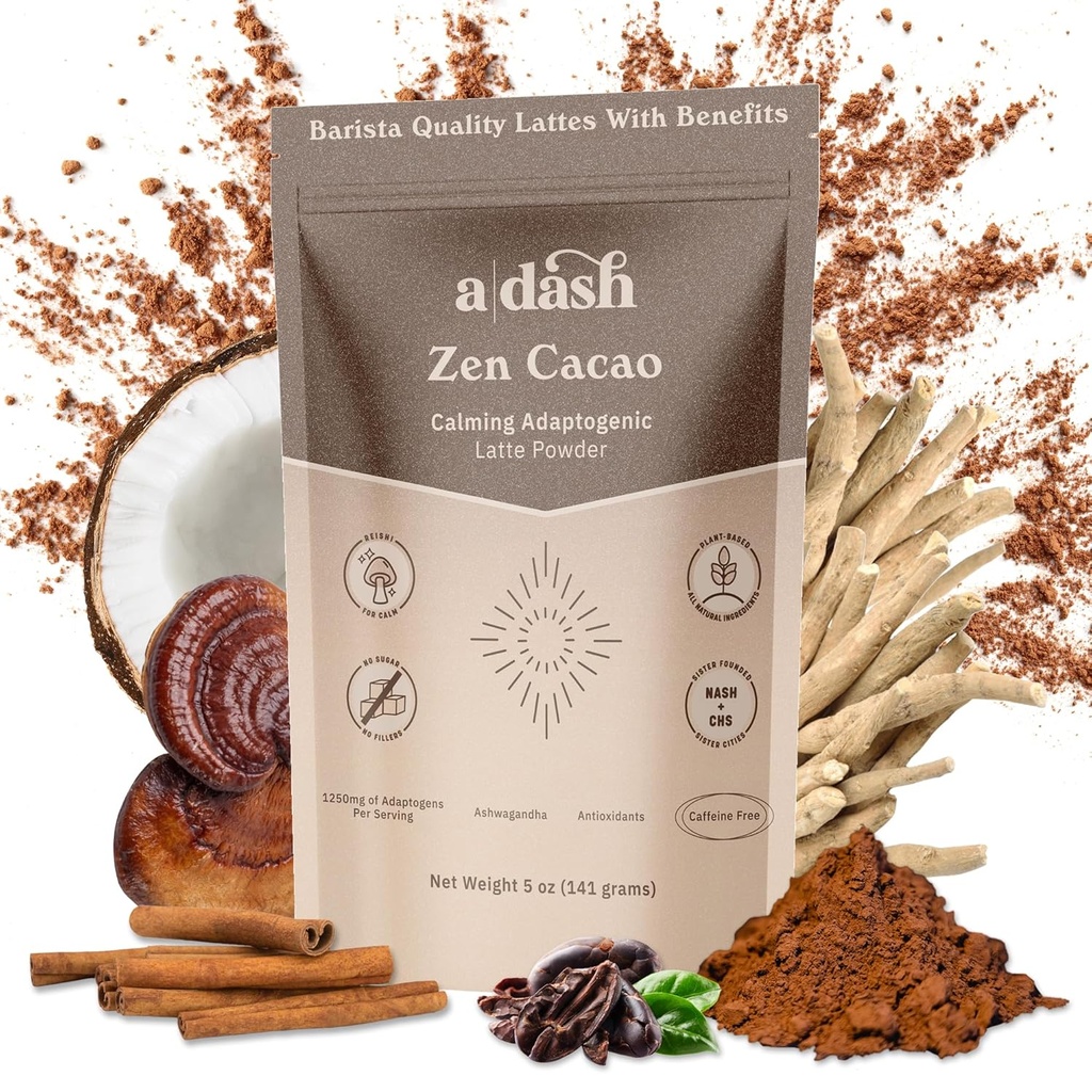 Dash Zen Cacao Latte, 초콜렛 버섯 커피 대안 Adaptogens, Ashwagandha, & Cinnamon Root Extract, Mushroom Hot Coco with No Caffeine (20 서빙)