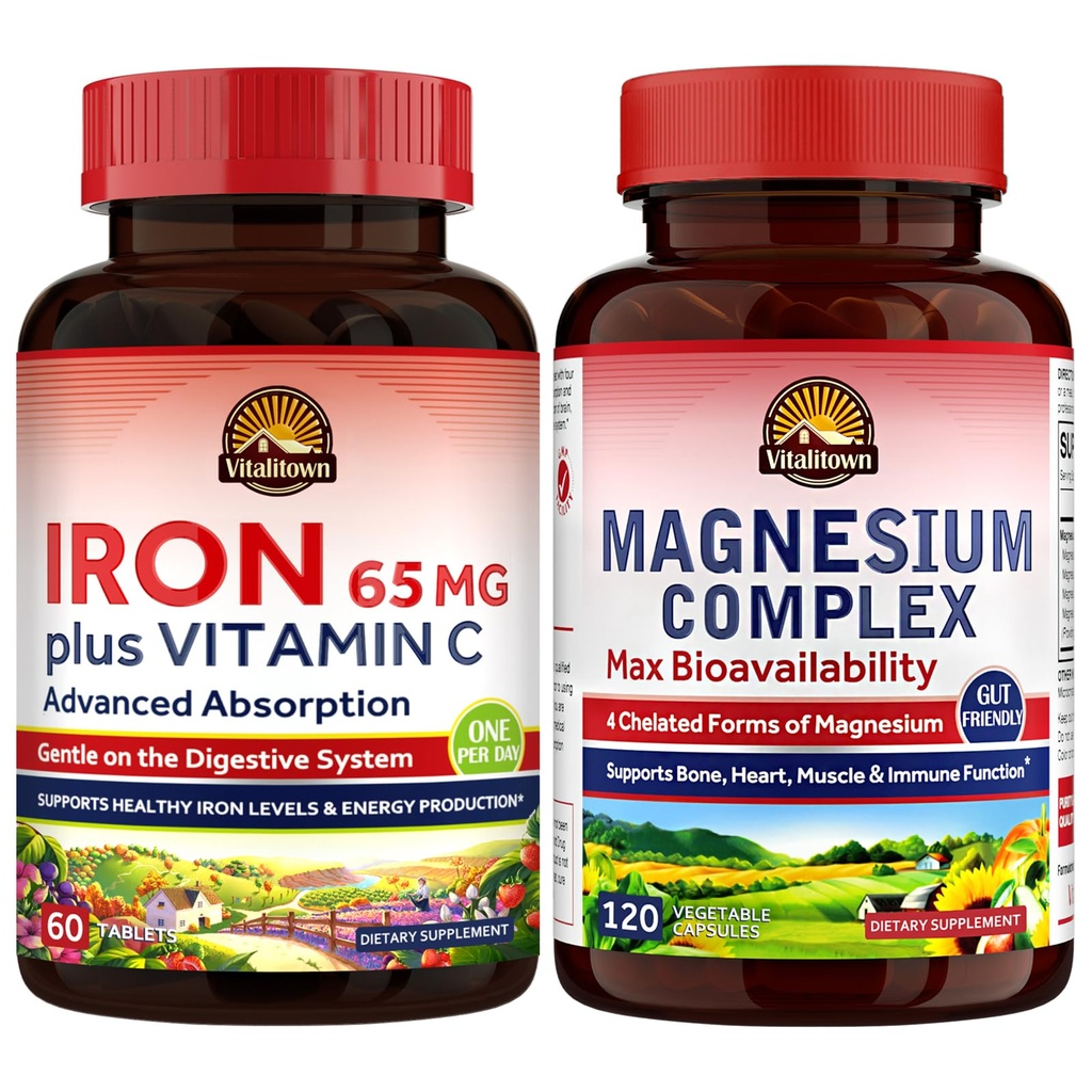 Vitalitown 마그네슘 Complex 보충교재 500mg & 65mg 여성 남자를 위한 철 보충교재, 수면, 근육, 혈액 건물 & 에너지 개선을 위한