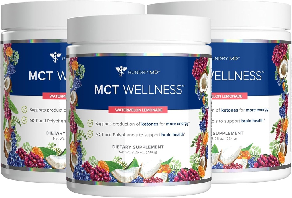 Gundry MD MCT Wellness Powder to Support Energy, 케톤 생산 및 뇌 건강, 케토 친절, 설탕 무료 (90 일 공급, 수박 레몬)
