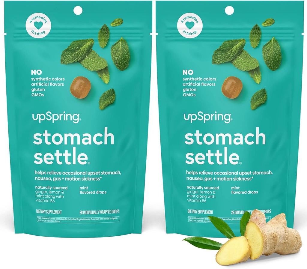 UpSpring Stomach Settle Drops for Occasional Nausea Relief, Upset Stomach and Motion Sickness with Ginger, Lemon, Spearmint and B6, 민트 맛 드롭, 56ct (패킹 2)