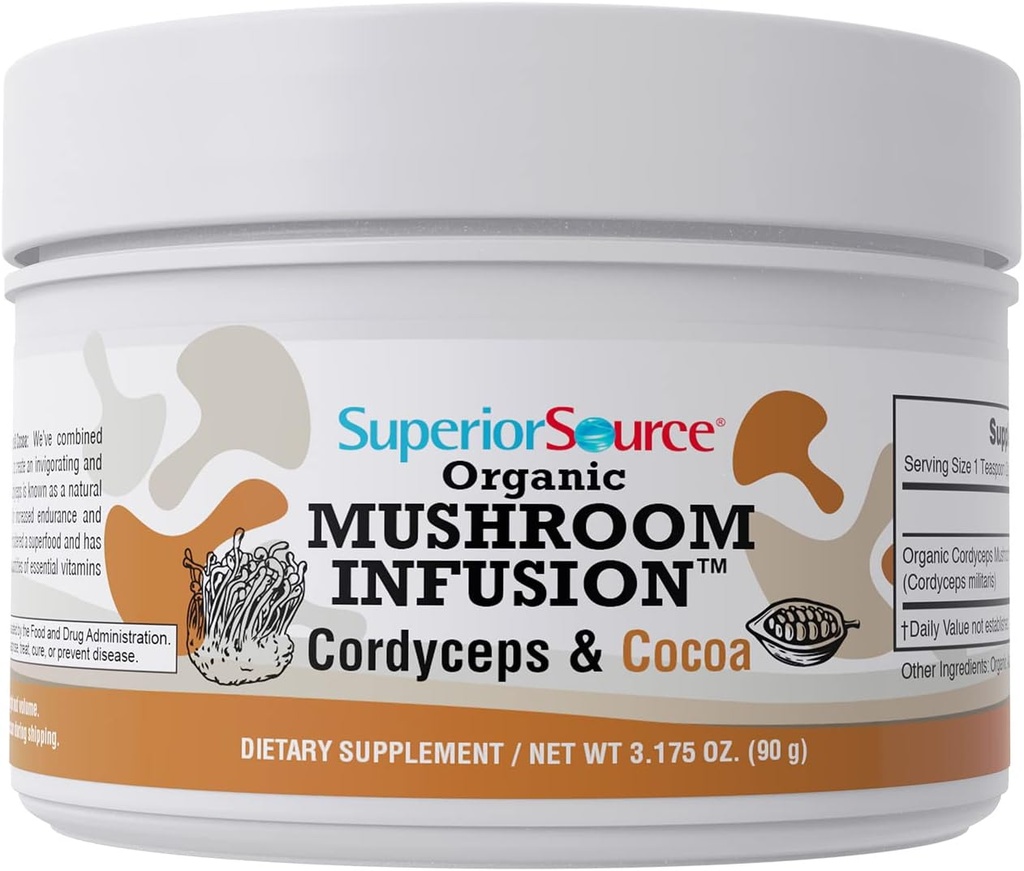 수력 유기 버섯 주입 – Cordyceps & Cocoa, 증가 에너지, 체력 & 내구시간, 노화 방지 재산, 심장 건강, 강력한 면역 지원, 45 서빙, 비 GMO
