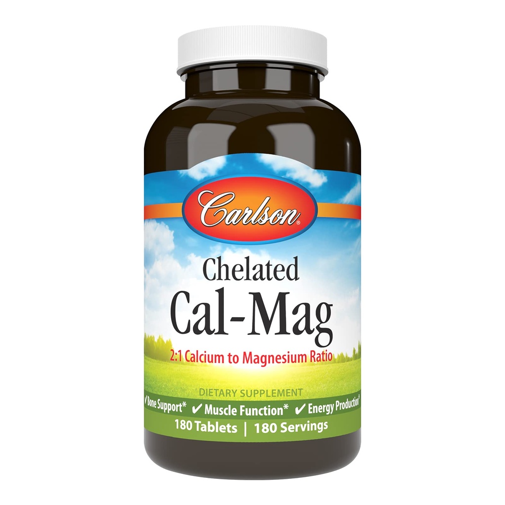 Carlson - Chelated Cal-Mag, 마그네슘 비율에 2:1 칼슘, 뼈 지원, 근육 기능 & 에너지 생산, 180 정제
