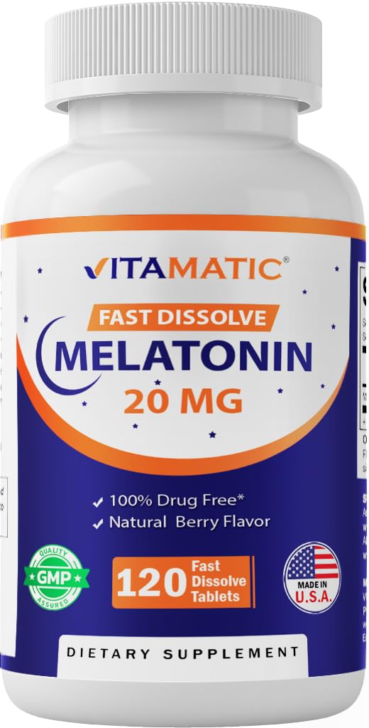 Vitamatic Melatonin 20 mg 정제 -자연 베리 맛 - 병 당 120 채식 정제 - 6 병 (총 720)