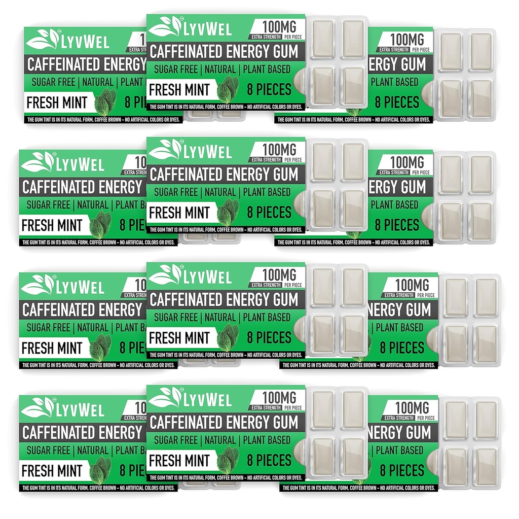 LyvWel Energy Gum | 100mg Caffeine per gem | 모든 자연 | 설탕 무료 사전 운동 부스트 : Awake- carton 12 pack (Mint- 12 pack)을 유지하는 필수 에너지 보충