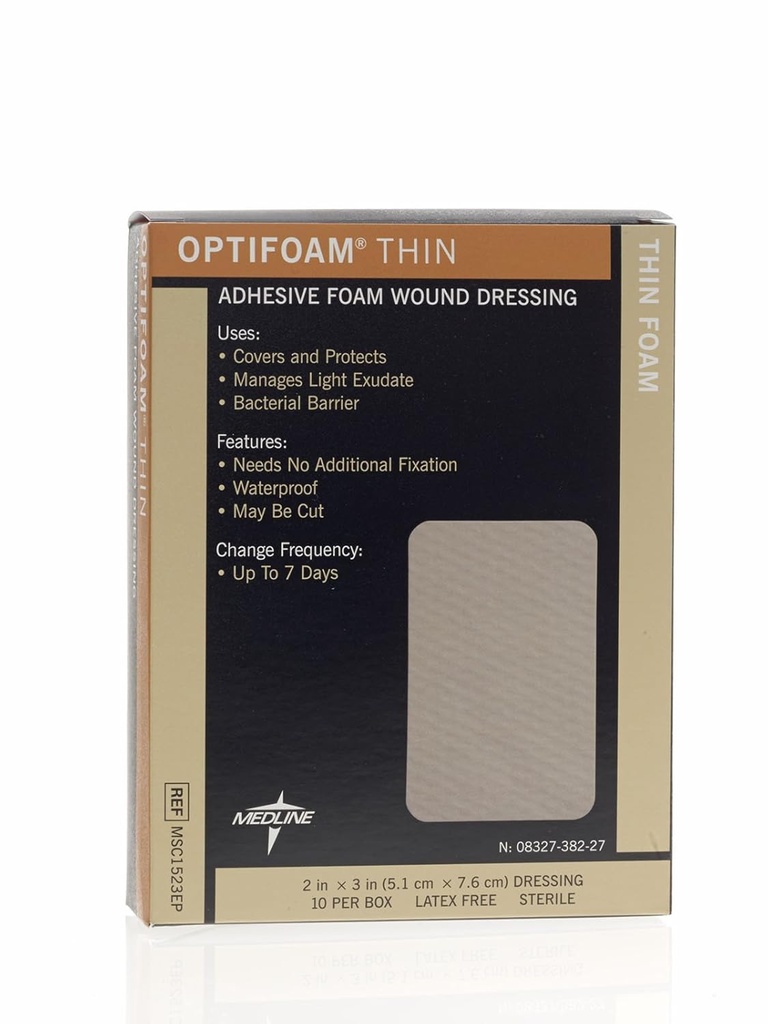 Medline Optifoam 얇은 접착제 드레싱, 2" x 3" (10의 포장)