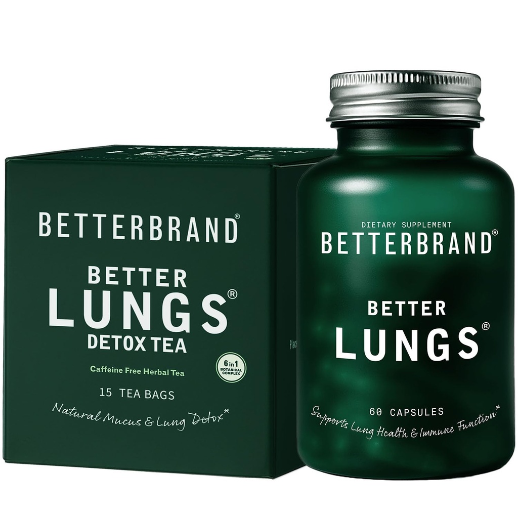 Betterbrand Better Lungs 건강 팩 - BetterLungs & BetterLungs Detox Tea 번들 - 매일 호흡 건강 보충교재 - 15X 초본 차 부대 + 60의 캡슐