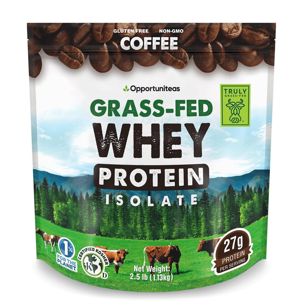 Opportuniteas 잔디에 의하여 먹인 커피 Whey Protein Isolate 분말 - 인공 감미료 없는 27g 단백질 분말, 호르몬 자유로운 Cows, 비 GMO - 2.5lb