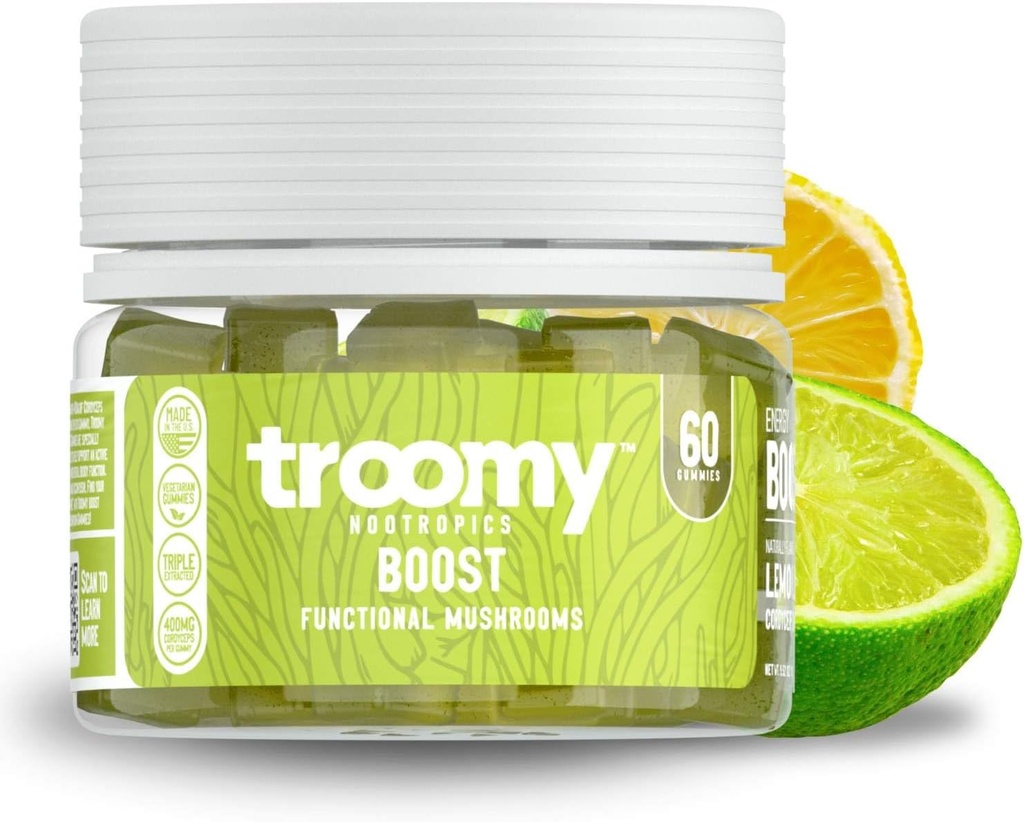 Troomy Boost Cordyceps 모든 자연 버섯 Gummies - 활성 라이프 스타일 및 하이퍼 포커스 - 레몬 Lime - 60 카운트 지원