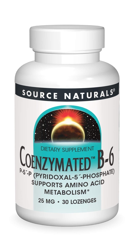 Source Naturals Coenzymated B-6 25mg P-5 Pyridoxal-5 Phosphate Fast-Acting, 빠른 용해 대체 언어 비타민 지원 아미노산 Metabolism - 30 Lozenges