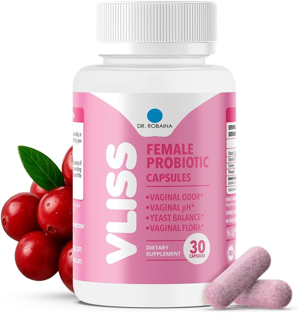 Robaina Women 's Daily Vaginal Probiotic + Cranberry & Pineapple, 5 B CFU Lactobacillus (rhamnosus, reuteri, Gasseri, crispatus), pH 밸런스 및 냄새 제어, 비타민 C & B-12, 30 Vegan 캡슐