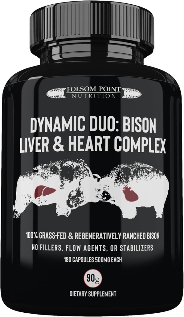 동적인 듀오 : 100 % 잔디 볶음 Bison Liver & Heart Complex | Desiccated Bison Liver and Heart Pill Supplement (단일 병) | 미국에서 제작