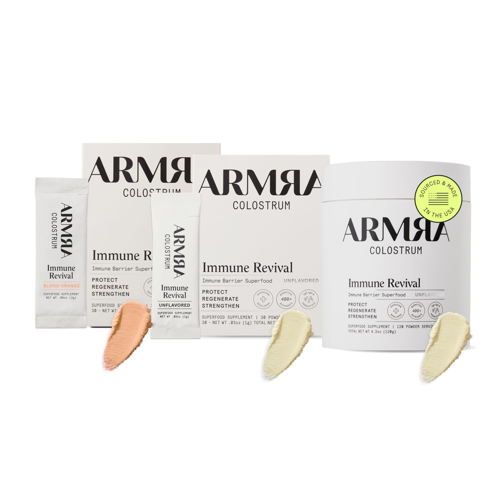 ARMRA ColostrumTM Premium Powder, Grass Fed, Gut Health Bloating Immunity Skin & Hair, 400+ Bioactive Nutrients, Keto, Gluten & Fat Free (Blood Orange, Unflavored Bundle | 180 서빙)