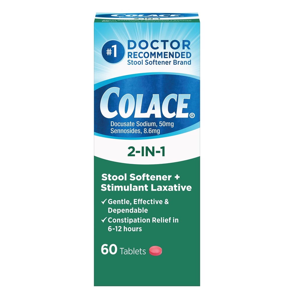 Colace 2-In-1 Stool 연화제 플러스 연화제는 Gentle 효과적인 변비 구호, Docusate 나트륨 플러스 Sennosides, 60 조사를 위해 연화제