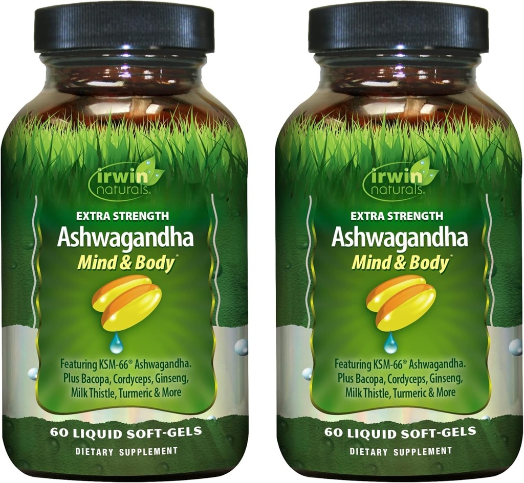 Irwin Naturals Extra Strength Ashwagandha - 60 Liquid Soft-Gels - Tumeric & Milk Thistle - 60 서빙과 함께 부스트 물리적 및 정신적 성능 - 도움