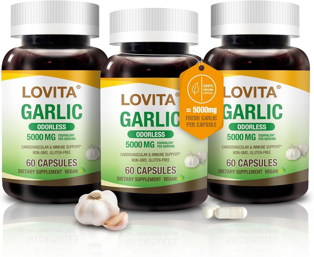 Lovita 무취 마늘 캡슐, 5000mg 신선한 마늘 동등한, 1.25% Allicin 추출물, 지원 심장, 혈압, 콜레스테롤 & 면역 체계, 비 GMO, 글루텐 자유로운, 180 Vegan 캡슐