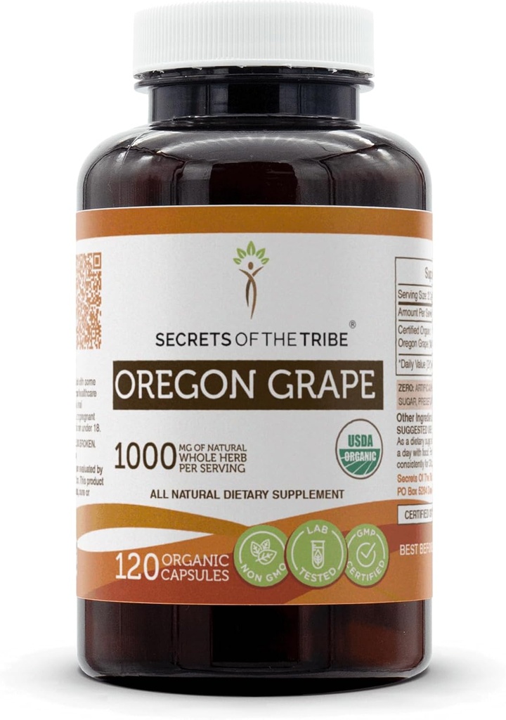Tribe Oregon 포도 USDA 유기 캡슐의 비밀 | 인증 유기농 채식 캡슐, 초본 다이어트 보충 | Mahonia aquifolium Dried Root (120 Count)