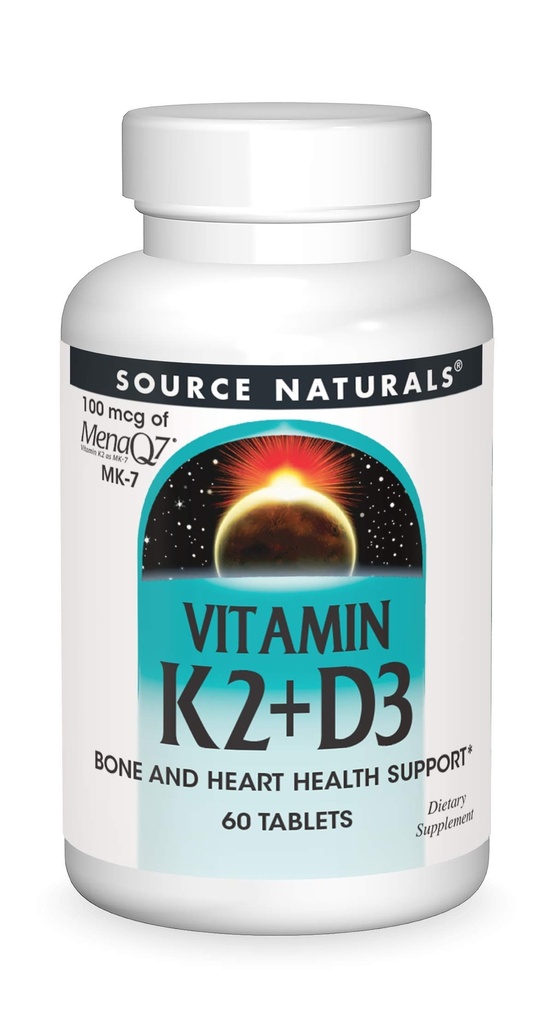 Source Naturals 비타민 K2 + D3 뼈 & 심장 건강 단지 - 400 IU 비타민 D3 & 100 mcg 비타민 K2 (MK-7) 칼슘 - 60 정제