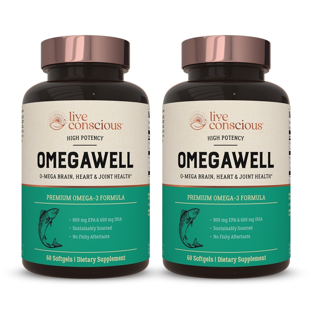 라이브 의식 오메가웰 물고기 기름 : 심장, 두뇌, 관절 지원 | 800 mg EPA 600 mg DHA - Enteric-Coated, 지속 가능한 Sourced - 삼키기 120 카운트 (2 팩)에 쉬운