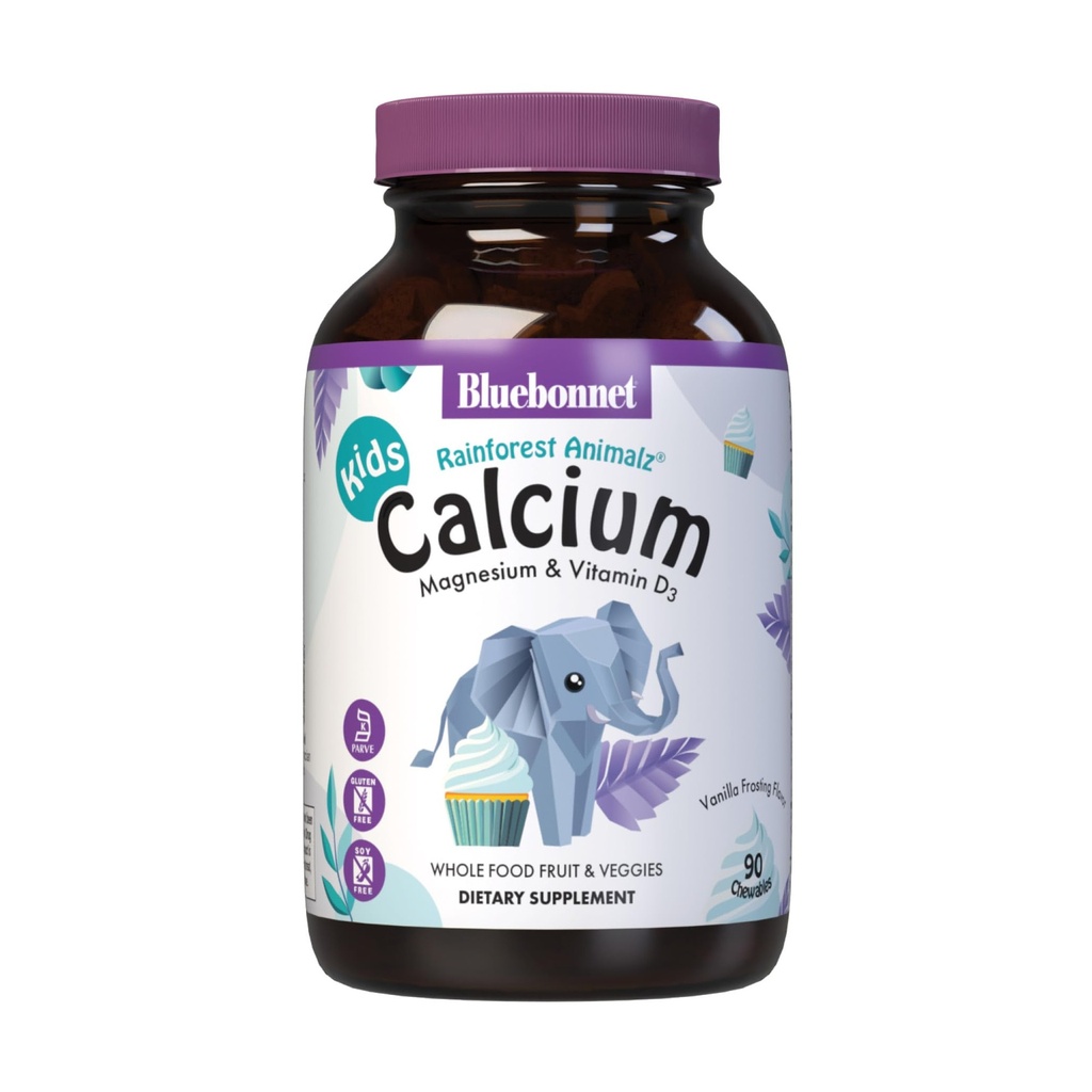 BlueBonnet 최고 지구 열대 우림 Animalz 칼슘 마그네슘과 비타민 D3 Chews, 자연적인 바닐라 서리, 백색, 90 조사
