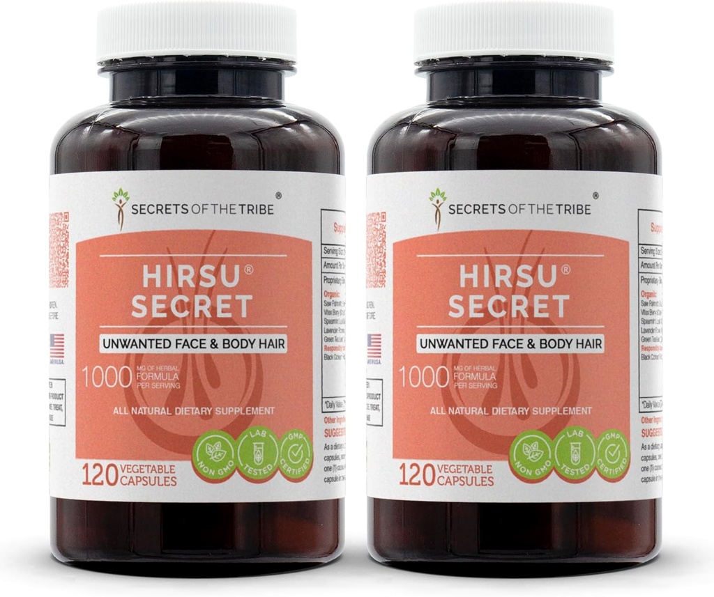 Hirsu 비밀 120 캡슐 (2 PC.), 1000 mg, 톱 Palmetto, 블랙 코호시, Vitex, Spearmint, 라벤더, 녹차. Unwanted 얼굴 & 몸 머리 (2x120 캡슐)