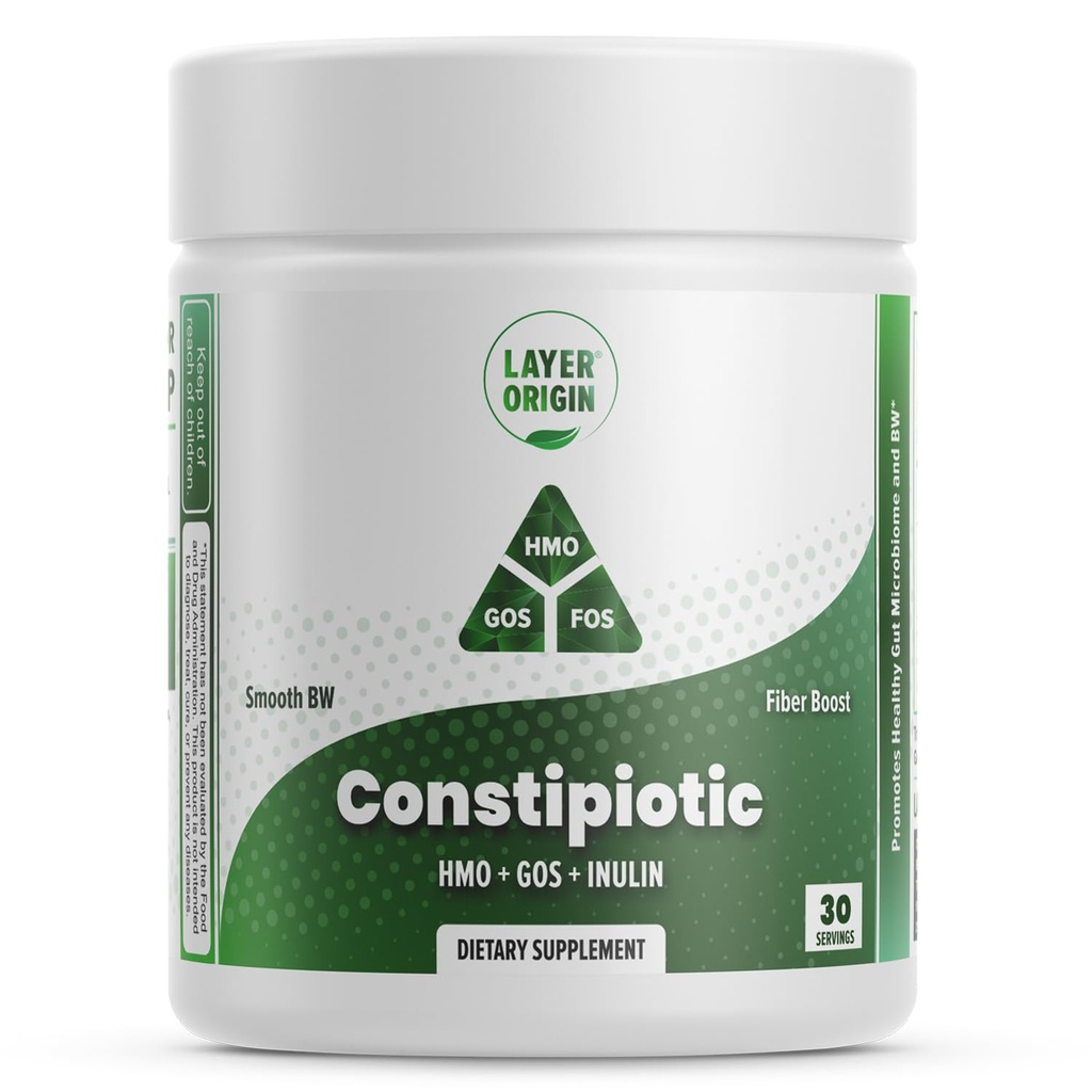 Layer Origin Constipiotic Prebiotic Fiber to Ease Bowel Movement and Support Regularity - 4.4 g Per 서빙 - HMO 2'FL, GOS, Inulin FOS - 30 일 공급 - Unflavored, 아니 맛, 쉽게 용해