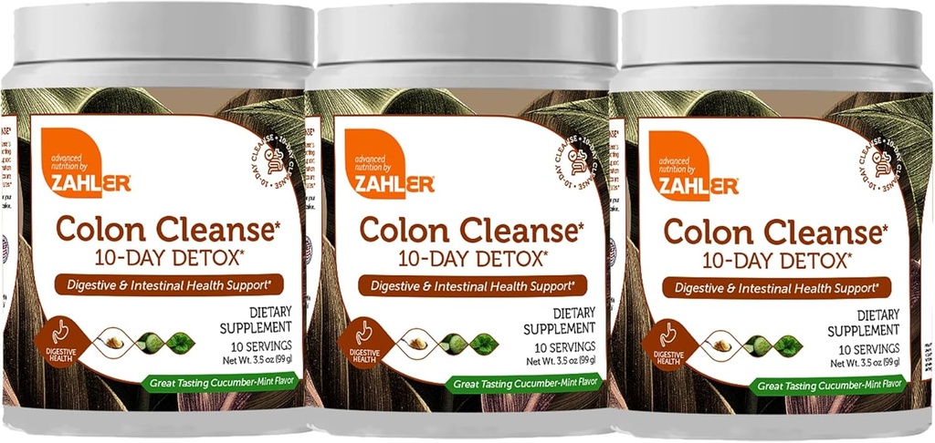 Zahler Colon Cleanse 10-Day Detox Cleanse - Cucumber Mint 맛 - 초본 소화 웰빙 - 보렐 운동, 바디 데톡스, 여성 및 남성을위한 소화 보조 보조 - 3.5 oz (3 팩)