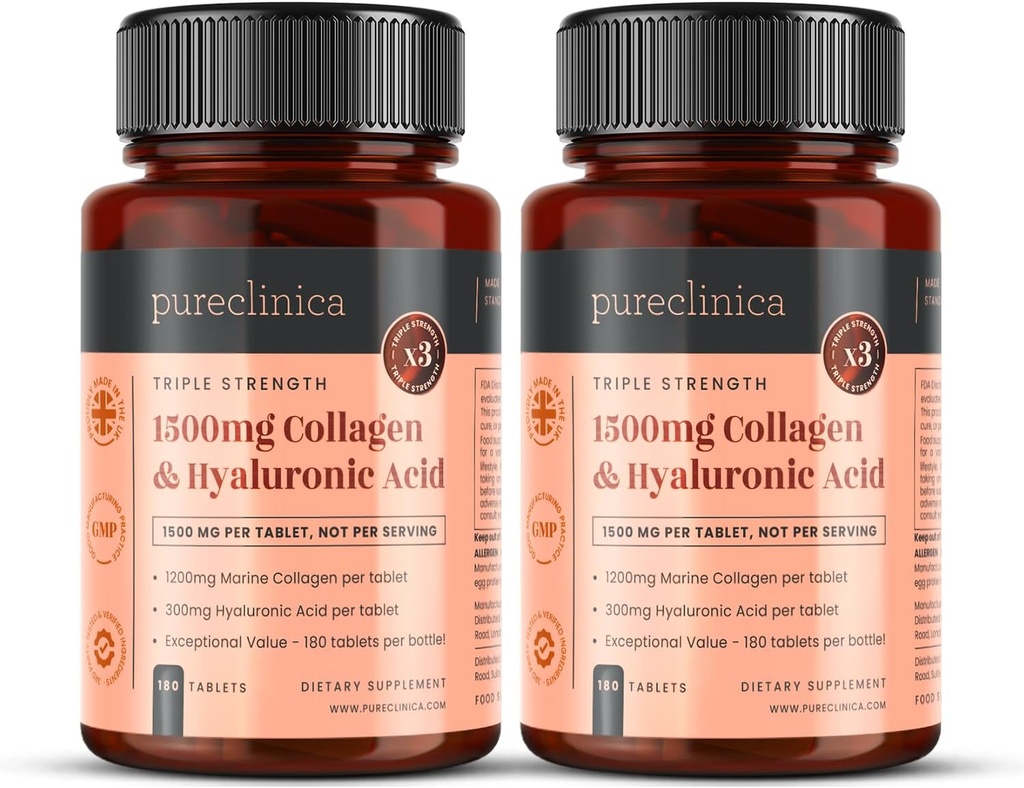 Pureclinica UltraColl Collagen & Hyaluronic 산 1500mg x 360 정제 (2 병 180) - 1 년 공급