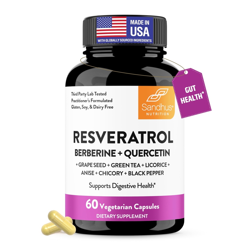 Gut 건강을위한 Berberine가있는 Sandhu의 Resveratrol | 여성 및 남성을위한 Digestive 보충교재 | 녹차, 별 Anise, DGL, 포도 씨앗 추출물 & Quercetin | Eases Bloating | 60 캡슐 (팩 1)