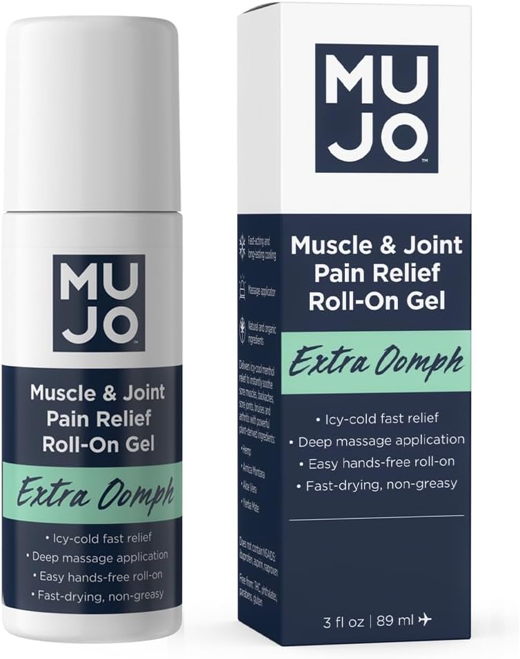MUJO Extra Oomph — Quick Pain Relief Roll-On Gel + Organic Menthol + ICY Muscle Relief + Fast-Acting Menthol + Aloe + Arnica - 공동 및 후면 통증 - 3 fl oz