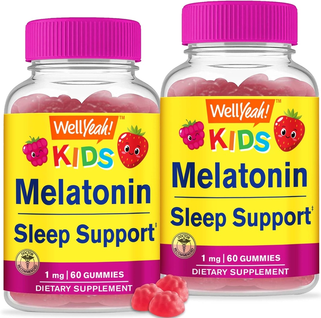 WellYeah Kids Melatonin Gummies 1 mg (2 팩) - 약물 무료 수면 보조 거미 보충, 아이들을위한 수면 지원 - 글루텐 무료, 젤라틴 무료, 비 GMO, 채식 - 천연 소스 풍미 - 60 Gummies