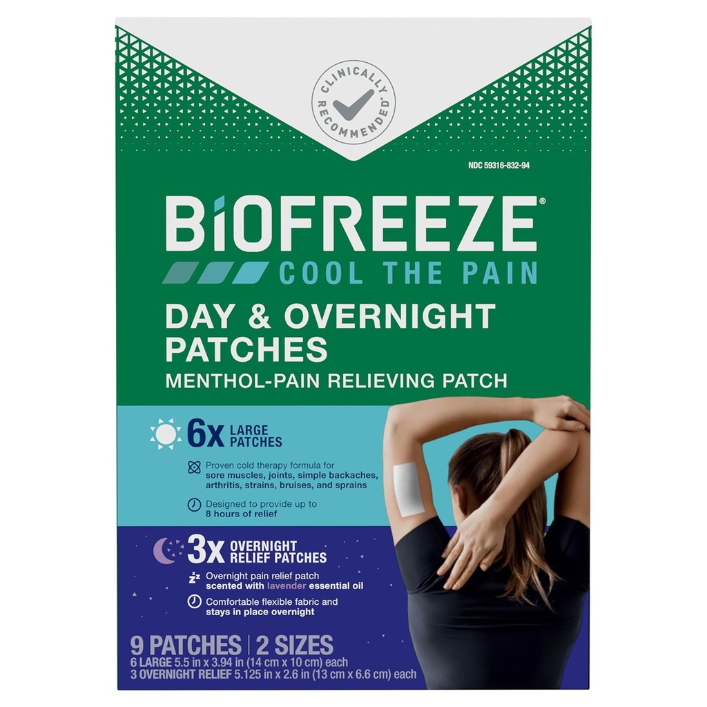 Biofreeze Day & Overnight Pain Relief Patches, 관절염 및 근육 통증 완화를위한 Menthol 통증 패치, 편안하고 유연한 직물 장소, FSA / HSA Eligible, 9 패치 (6 일, 3 밤)