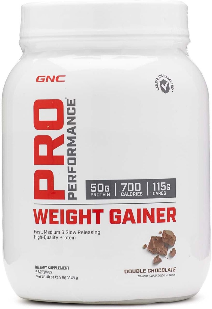 GNC 직업적인 성과 무게 게인업자 단백질 분말, 50g 단백질, 높은 칼로리, 700 칼로리, 지원 질량과 근육 회복, MCT, BCAA, 3rd 당 시험해, 두 배 초콜렛, 6 서빙, 2.5 lbs