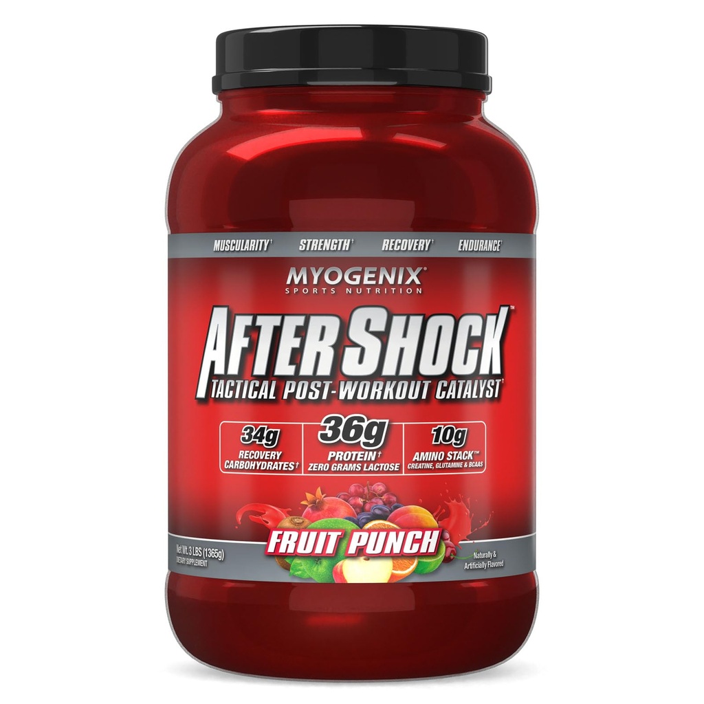 Myogenix Aftershock Post 운동 - 근육 성장 Whey Protein Powder - 근육 성장과 회복 속도 - 관절 건강과 Replenishes Glycogen - 과일 펀치, 3 파운드 지원