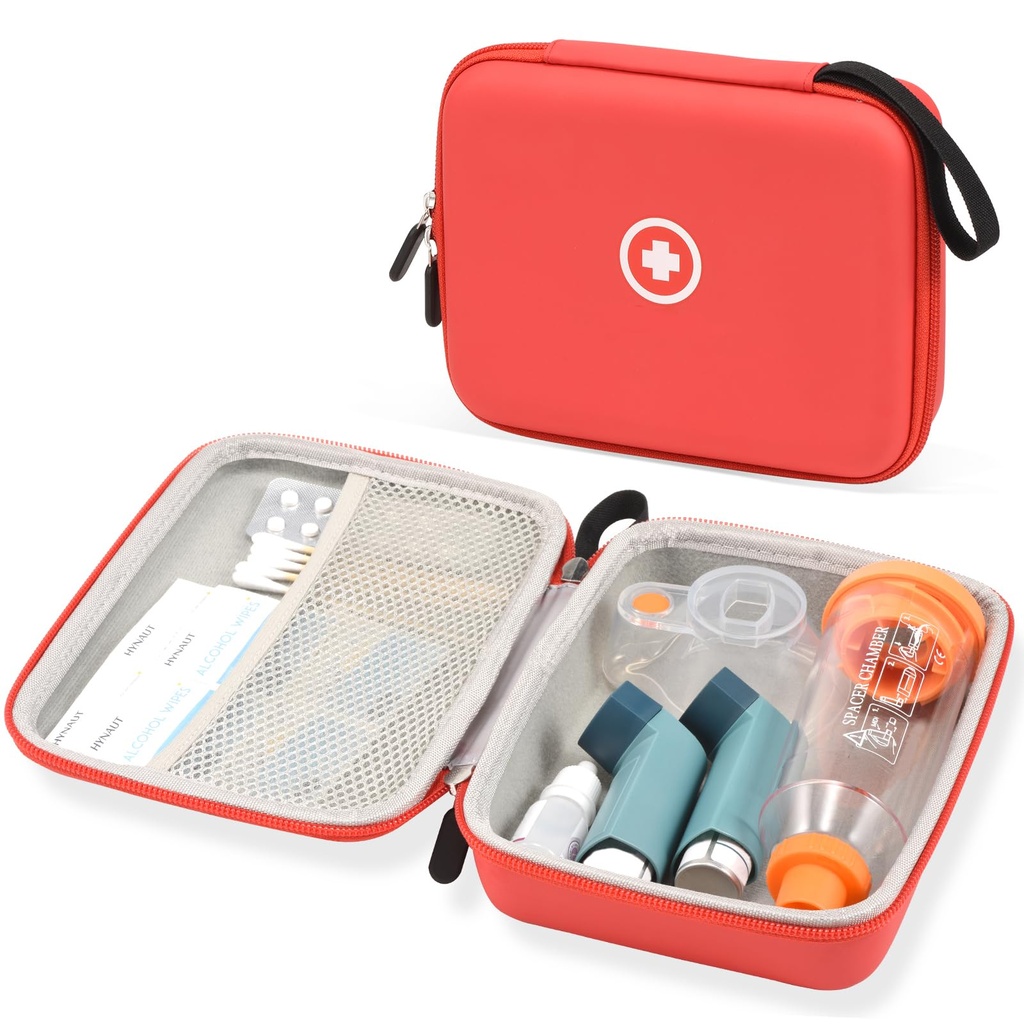 Asthma Inhaler, Inhaler Spacer Case for Kids and Adults, Mask, Asthma Accessories Case with Mesh Pocket for Medicine 및 기타 액세서리, Red (Case Only)