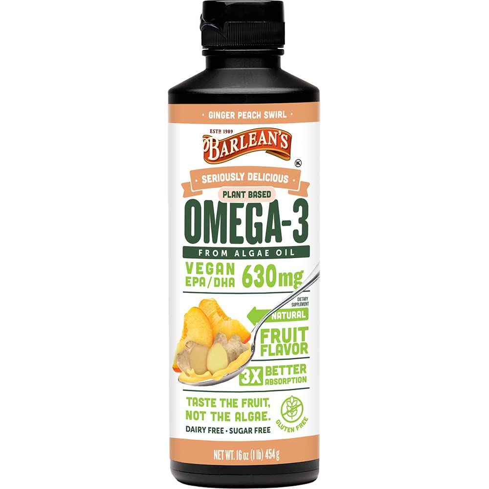 Barlean's Ginger Peach Vegan Omega 3 보충교재, 630 mg EPA & DHA를 가진 액체 조류 기름, Algal 기름, 비 GMO & 글루텐 자유로운, 16 oz에서 근거한 Omegas