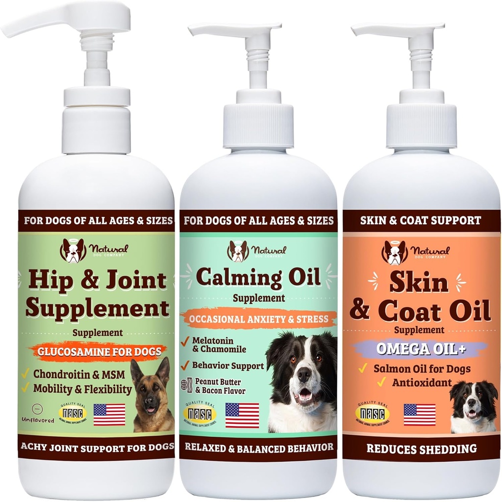 Natural Dog Company Wellness Bund$le for Dogs, Food Toppers, (1) 스킨 & 코트 오일, (1) 액체 글루코사민, (1) 캘리밍 오일