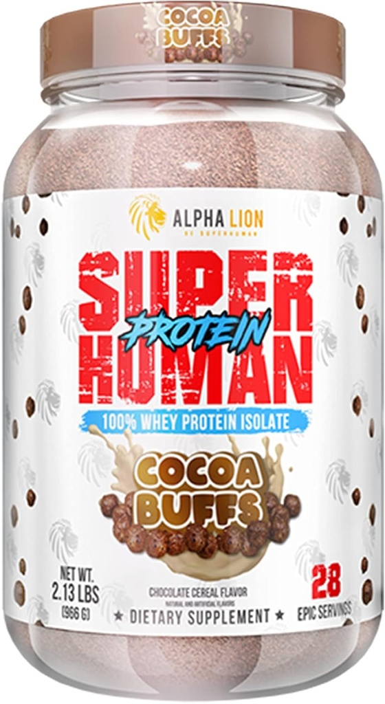 ALPHA LION Superhuman Whey Protein Powder, Great Tasting Pure Whey Protein Isolate, Low Carb, Low Sugar, No Bloat Post 운동, 근육 회복 및 성장 (28 서빙, 코코아 버프)