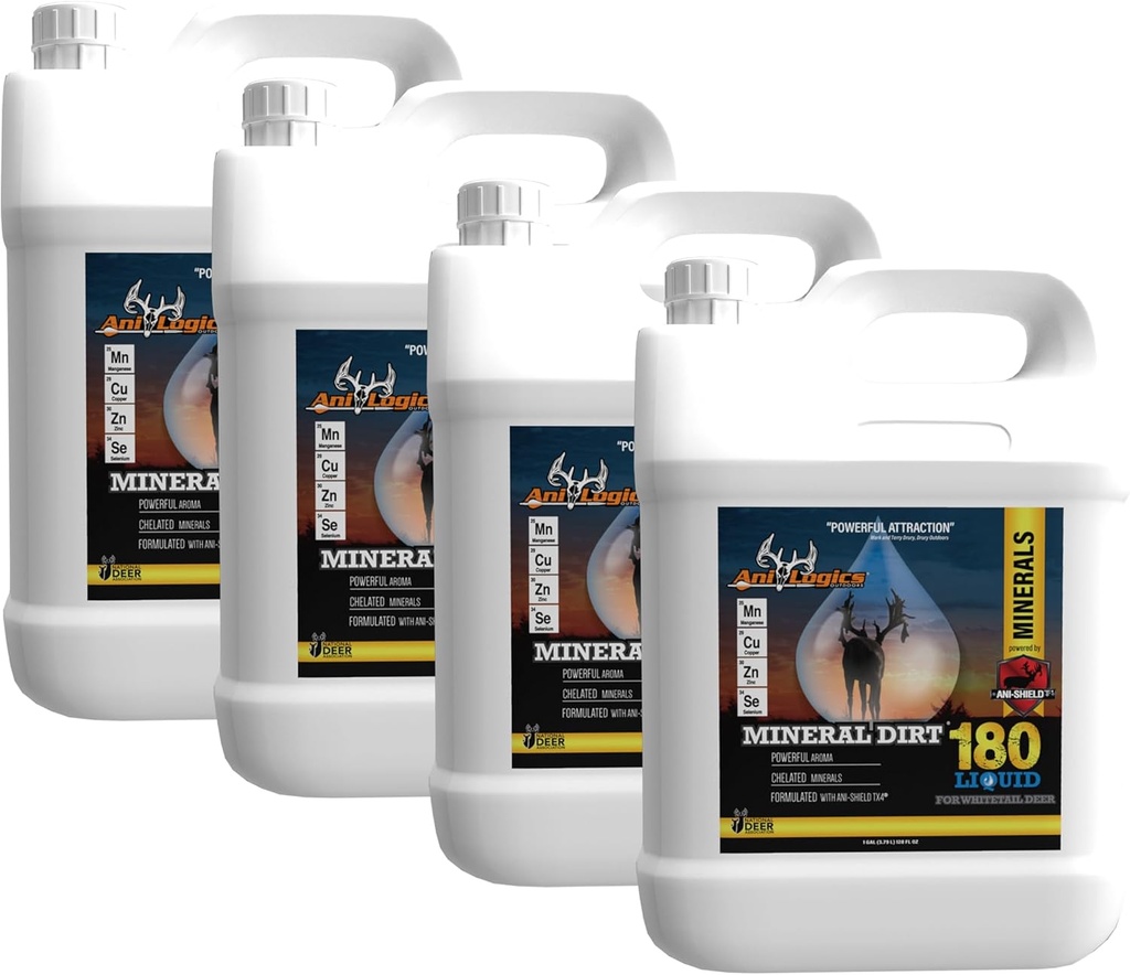 Ani-Logics Outdoors Mineral Dirt 180 Liquid Deer Mineral - Blocks, Logs, & Stumps에 대한 Pour-On Attractant - 미네랄 릭 및 지원 Herd Health - 1 갤런, 4 팩