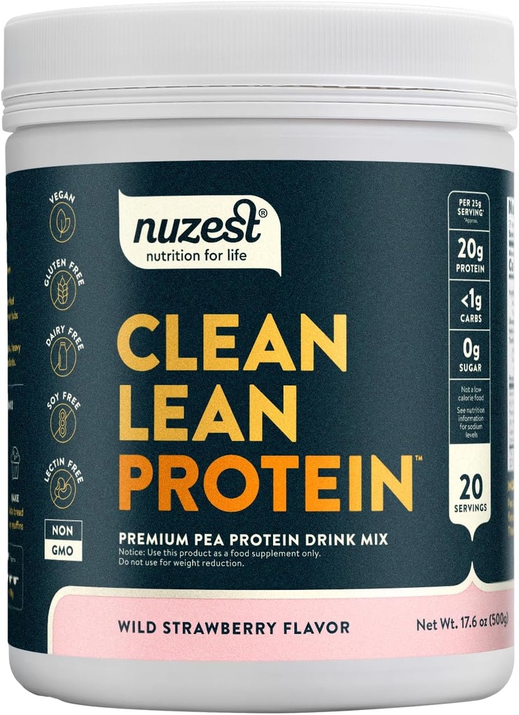 Nuzest - Pea Protein Powder - Clean Lean Protein, Premium Vegan Plant 기반 단백질 분말, Dairy Free, Gluten Free, GMO Free, Protein Shake (1.1 파운드), Wild Strawberry)