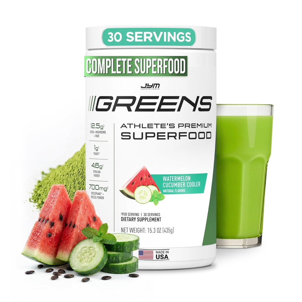 JYM Greens Super Food Powder for Performance, Watermelon Cucumber, Spirulina, 버섯, 비타민, BroccoPhane & Broccoli, 남성 및 여성, 30 인분