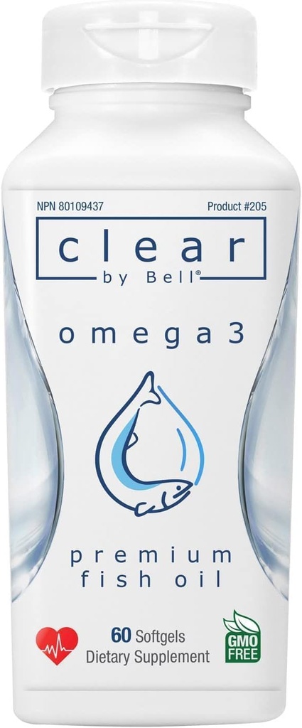 Bell Clear Pure Omega 3 Fish Oil Supplements, 서빙 당 2000 mg - Burp Free Premium, Clean and Clear, No Fishy Taste and No repeats (burps), Cholesterol Free, GMO 및 알레르기 무료, 60 Softgels