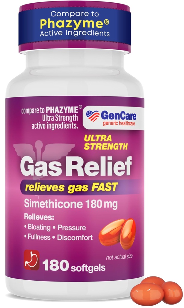 GenCare - 매우 힘 Simethicone 가스 기복 180 mg (180 Softgel) | 반대로 편평함, Bloating Aid, Stomach Discomfort 및 가스 압력 Reliever 알약 | 가스를 빨리 구호하십시오 | 일반적인 Phazym