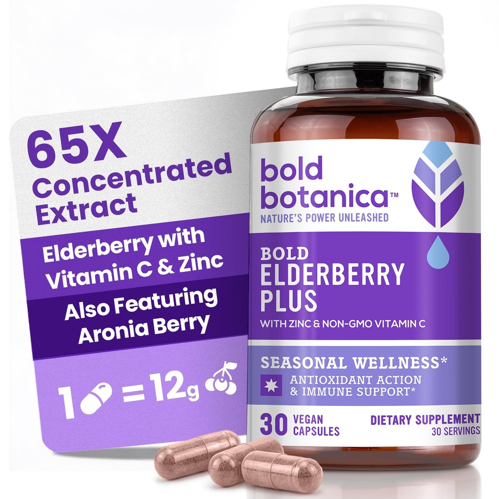 Bold Botanica Elderberry Plus - 매일 면역 지원 및 계절 웰빙을위한 아연 및 비타민 C가있는 65x 농축 블랙 엘더 베리 추출물 - 비 GMO, 30 Vegan 캡슐