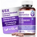 Bold Botanica Elderberry Plus - 매일 면역 지원 및 계절 웰빙을위한 아연 및 비타민 C가있는 65x 농축 블랙 엘더 베리 추출물 - 비 GMO, 30 Vegan 캡슐