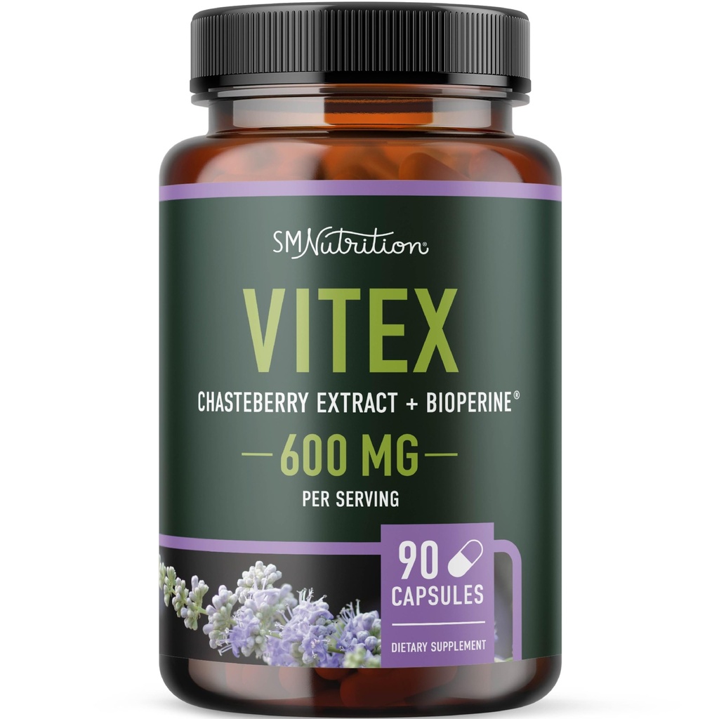 Vitex Chasteberry Supplement 600mg | 여성 호르몬 균형, 남성용, 남성용 정기적 인 & Hormonal Acne에 대한 Agnus Castus | 인증 글루텐 프리, 채식 | 90 캡슐, 3 월 공급