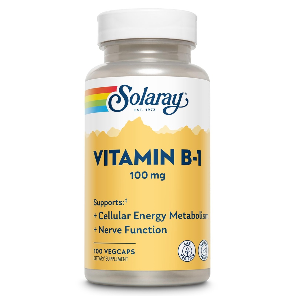 SOLARAY 비타민 B-1 100 mg | 건강한 에너지 대사, 피부, 뇌, 심장 및 신경 시스템 지원 | 100 VegCaps