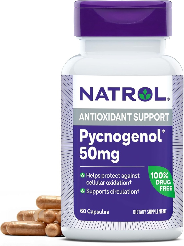 Natrol Pycnogenol 캡슐, 산화 방지제 보호, 보충교재는 세포질 산화와 나이 돌린 손상, 유럽 해상 소나무 껍질 추출물, 지원 순환, 50 mg, 60 조사에 대하여, 보호합니다