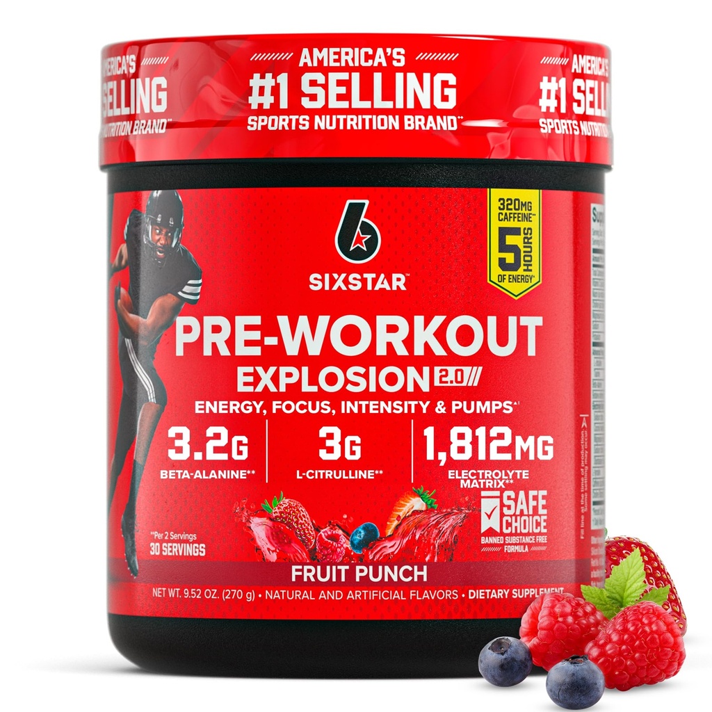 남성 & 여성을위한 6 스타 사전 운동 분말, 과일 펀치 (30 인분) - Preworkout 폭발 2.0 에너지 분말 음료 혼합 베타 알라닌 및 카페인 - 스포츠 영양 보충 제품