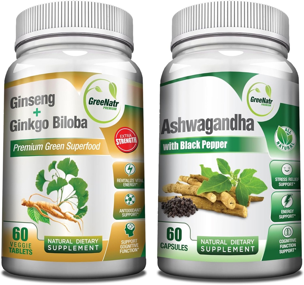 Holistic Well-Being 용 GreeNatr 프리미엄 번들 : 유기 Ashwagandha 캡슐, 스트레스 완화를위한 검은 후추와 함께, 플러스 Ginseng + Ginkgo Biloba 정제, 전통적인 에너지 부스터.