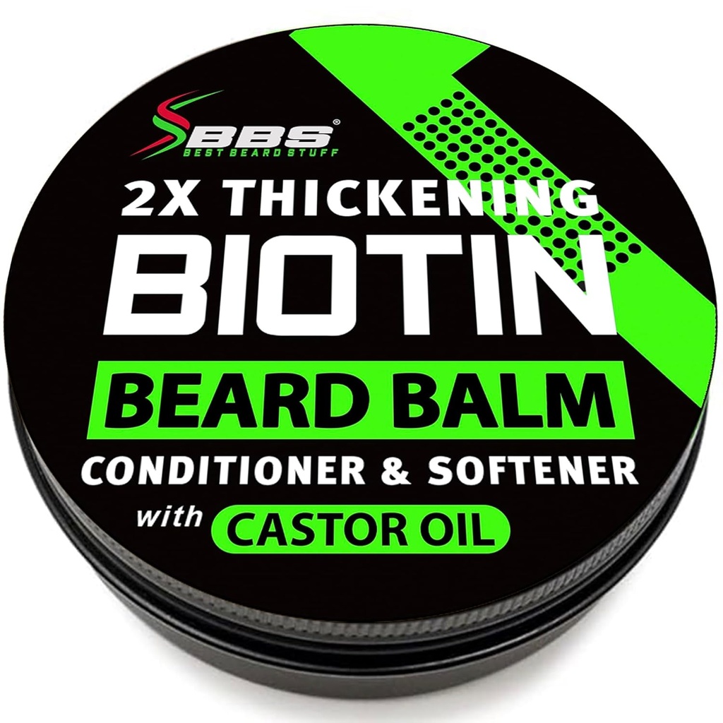 Biotin Beard Balm for Men - Beard 및 Mustache를위한 2X 두껍게 - Castor Oil & Meadowfoam와 유기 머스시 왁스 - 얼굴 헤어 성장 Balm & Leave-In 컨디셔너